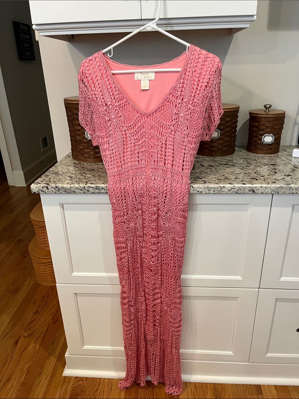 Women's Pink Crochet Maxi Dress - Lightweight V-Neck